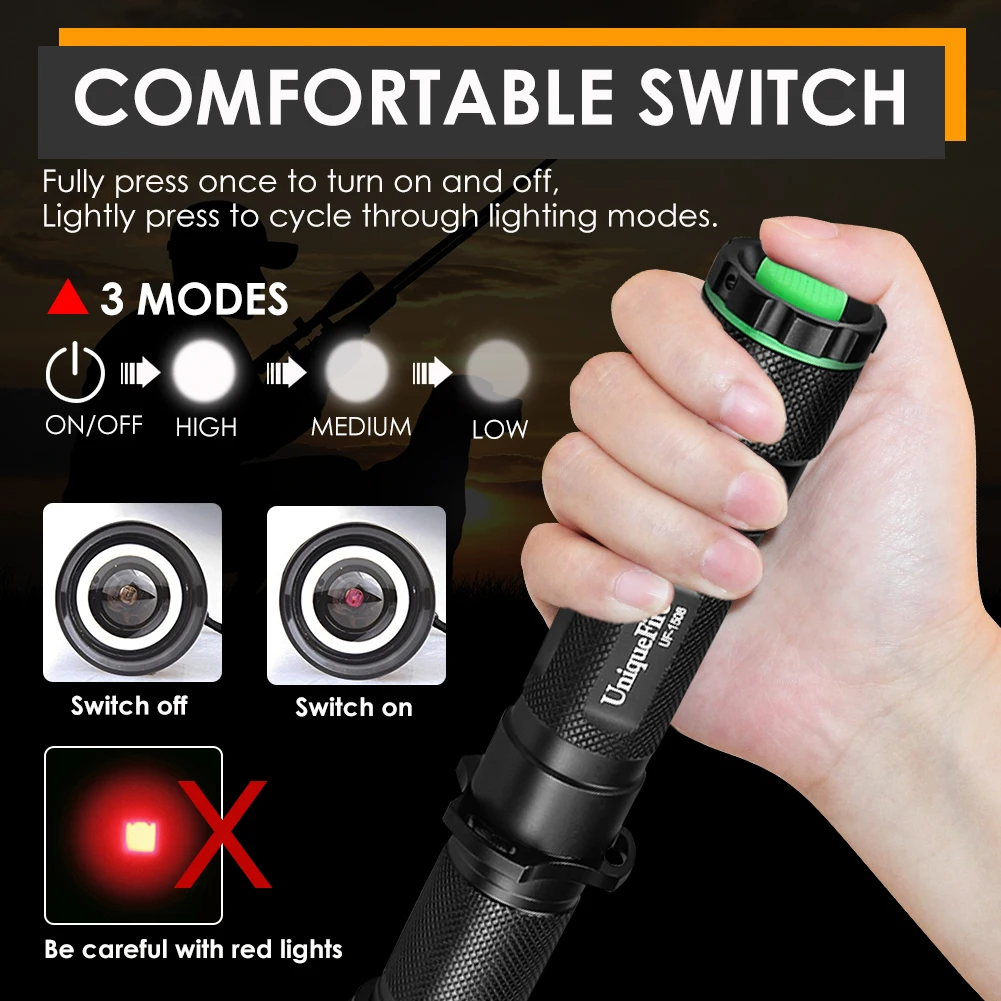 UniqueFire 1508 T50 IR 850nm LED Flashlight Zoomable Waterproof 3 Modes Night Vision Tactical Torch with Rat Tail Switch