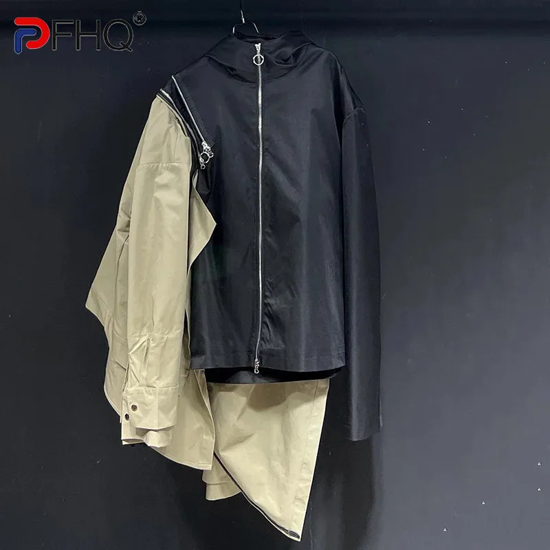 

PFHQ Design Stylish Jacket Detachable Top Patchwork With Hat 2024 Contrast Color Zipper Korea Fashion Male Tops 21Z6631