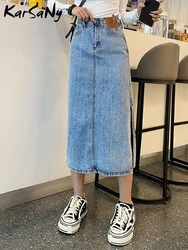 A Line Denim Maxi Skirts Womens 2022 Summer With Side Slit High Waist Jean Skirt For Ladies Blue Denim Skirts For Women Long