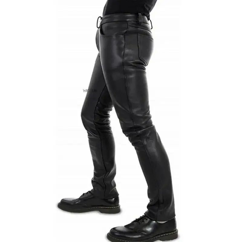 Men\'s Leather Pants  2022 New Solid Color PU Leather Motorcycle Pants Elastic Leisure Punk Style Slim Fit Full Length Trousers