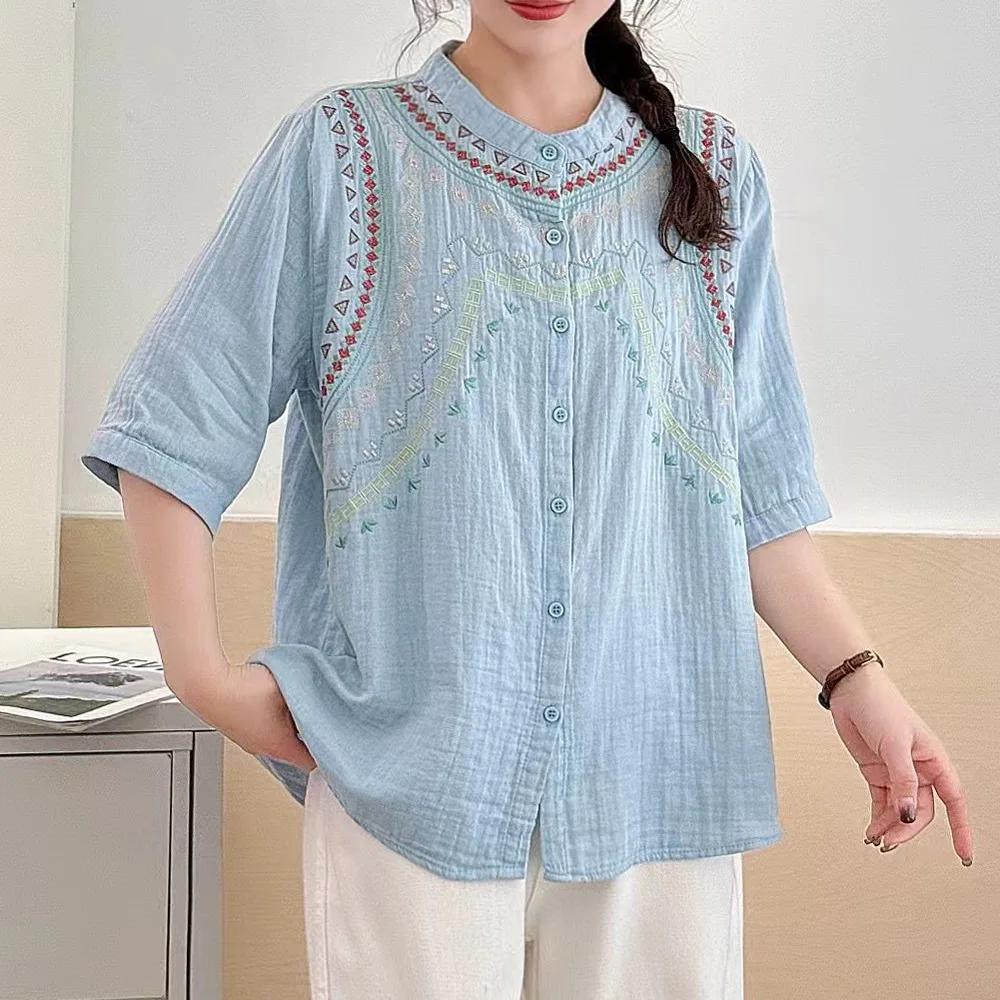 Novo 2025 verão algodão fio meia manga camisa, feminino o pescoço bordado retalhos, mori menina doce commute blusa solta t55216cc