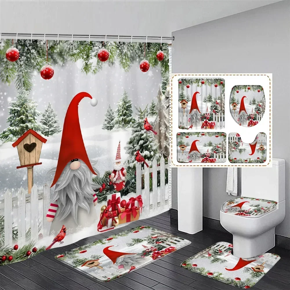 Cute Snowman Shower Curtain Set Winter Forest Xmas Trees Snowflake Pink Christmas Decoration Bathroom Bath Mats Toilet Lid Cover