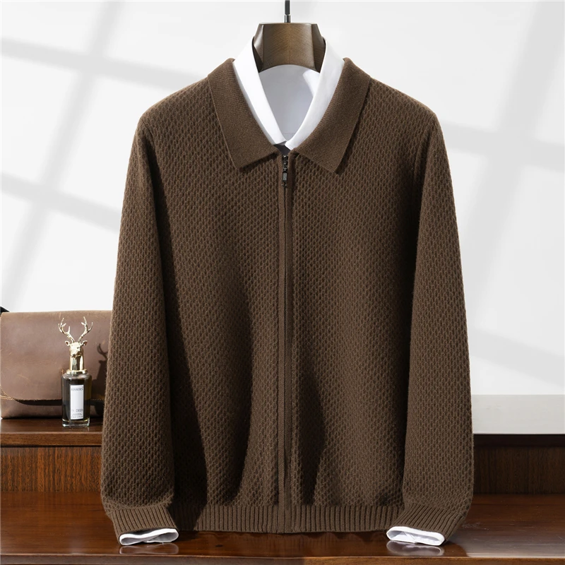 100% Wool Sweater Turn-Down Collar Cardigan Men's Knitted Casual Sweater Zipper Middle-Aged Men's Knitted Jacket