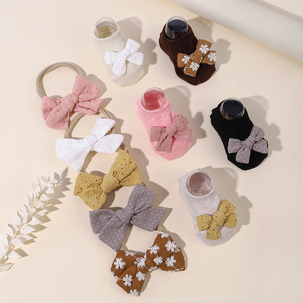 1 pair of baby socks hair band set cute bows short socks nylon elastic headband for 0-2Y newborn babe girl delicate gift set