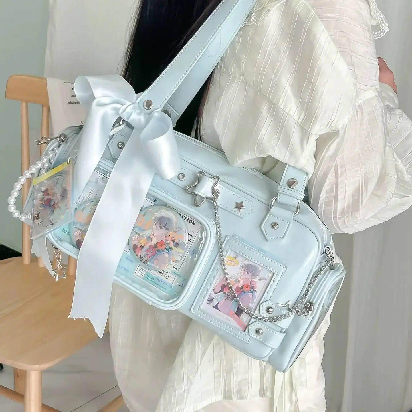 

New Y2k Star Chain Ita Bag Cute Girl Comic Exhibition Transparent Shoulder Bag Large Capacity Crossbody Bag DIY Display Handbags