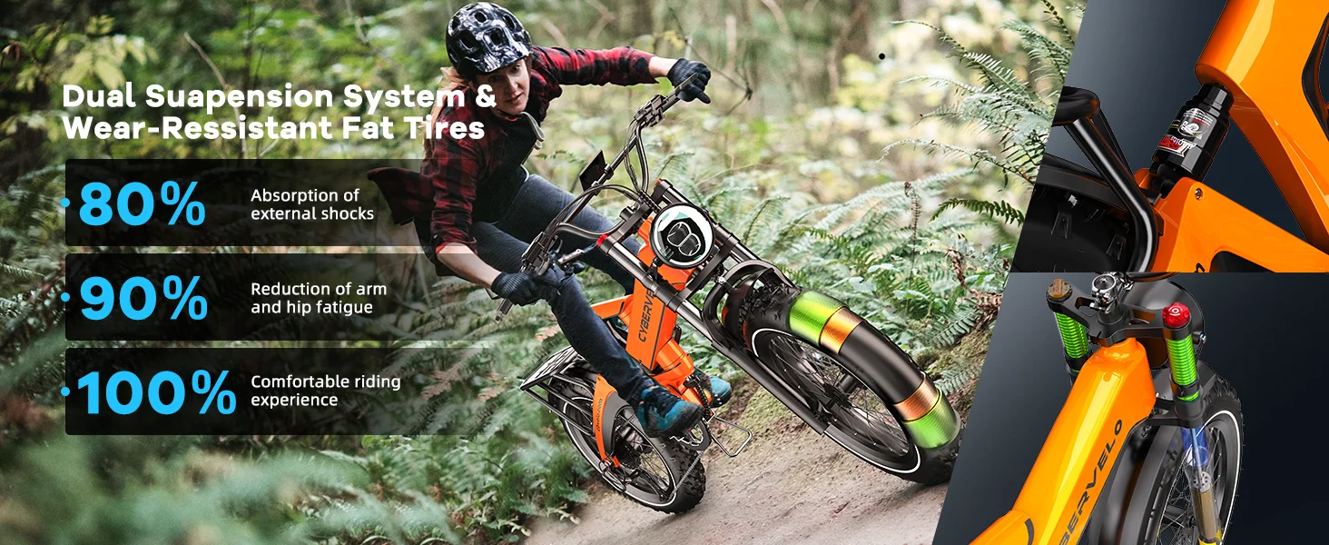 Cybervelo 20” Fat Tire 2000W Peak Motor Luxury Foldable Ebike 48V Removable Battery E Bicycle 35+ MPH 100+Miles Long Range EK6