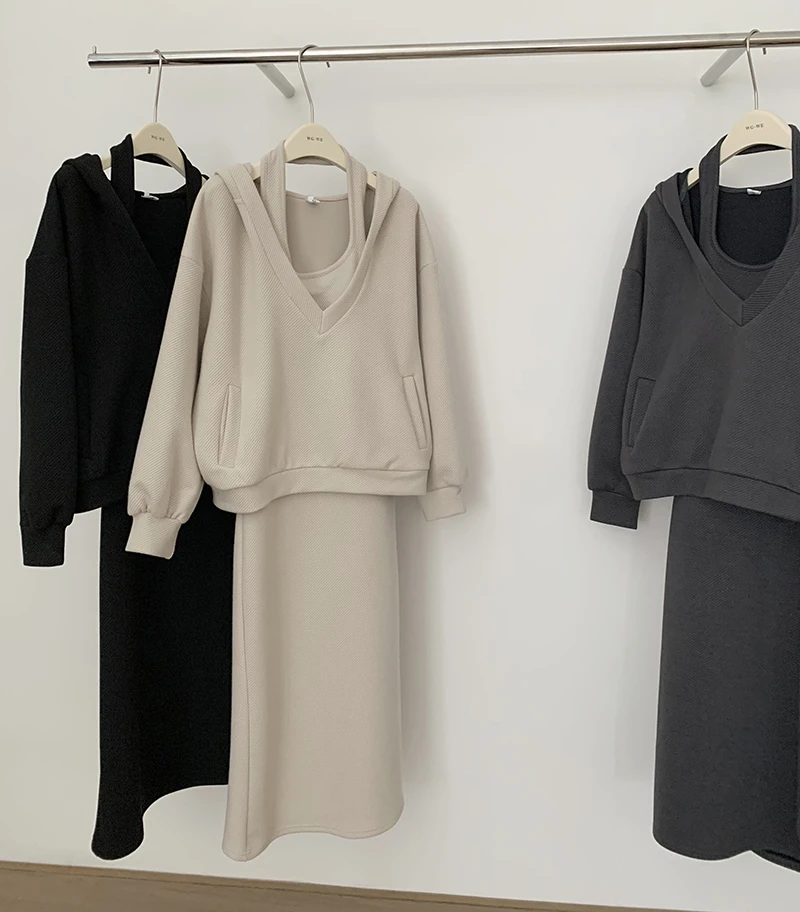 

Korean Sle Loose Hoodie Set Women's Sexy Knitted Dr Two-Piece Trendy Outfit Cotton Polyester Spandex Blend Spring New