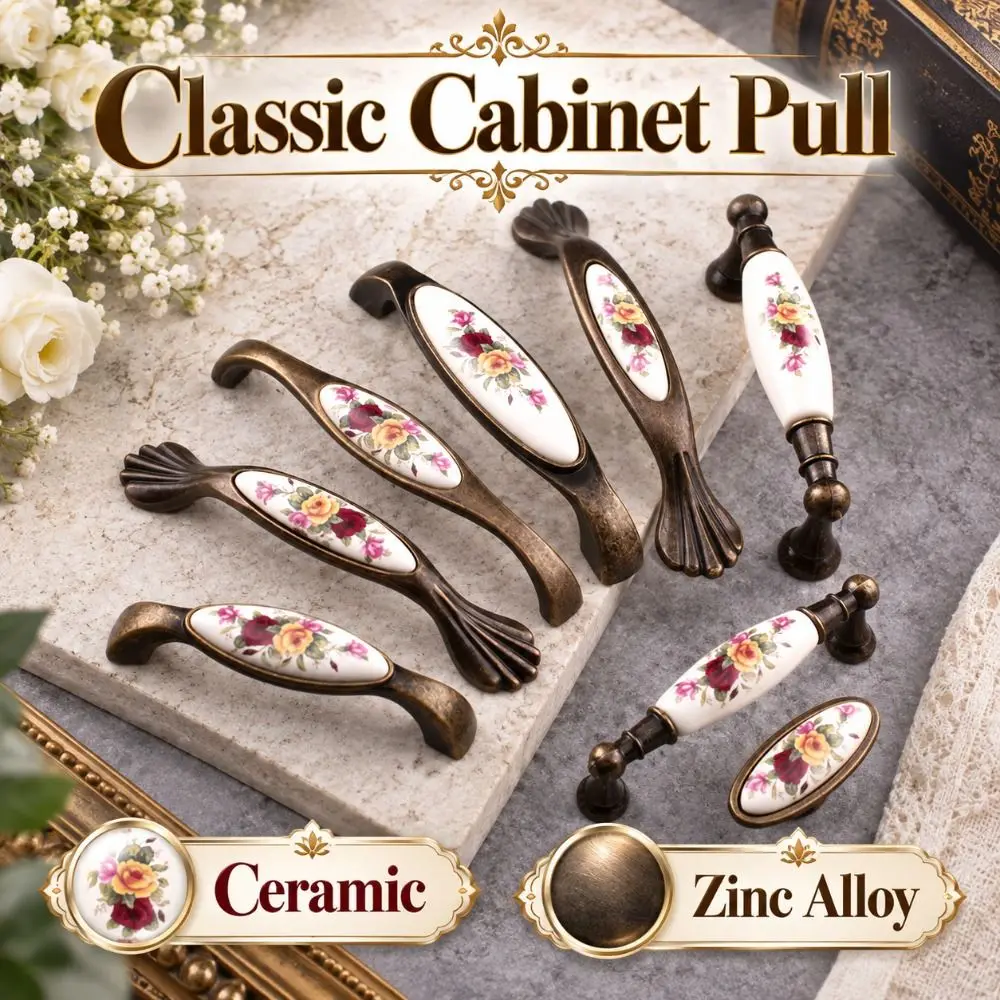 Zinc Alloy Ceramic Cabinet Pull Floral Pattern Multiple Sizes Antique Bronze Drawer Handle Durable Smooth Vintage Furniture Knob