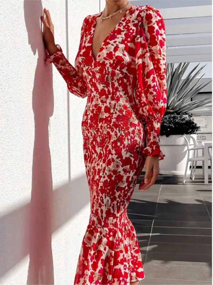 

Female V-neck High Waist Dress Woman's Fashion Print Lantern Sleeves Fishtail Skirt Ladies Spring Autumn Elegant Office Vestidos