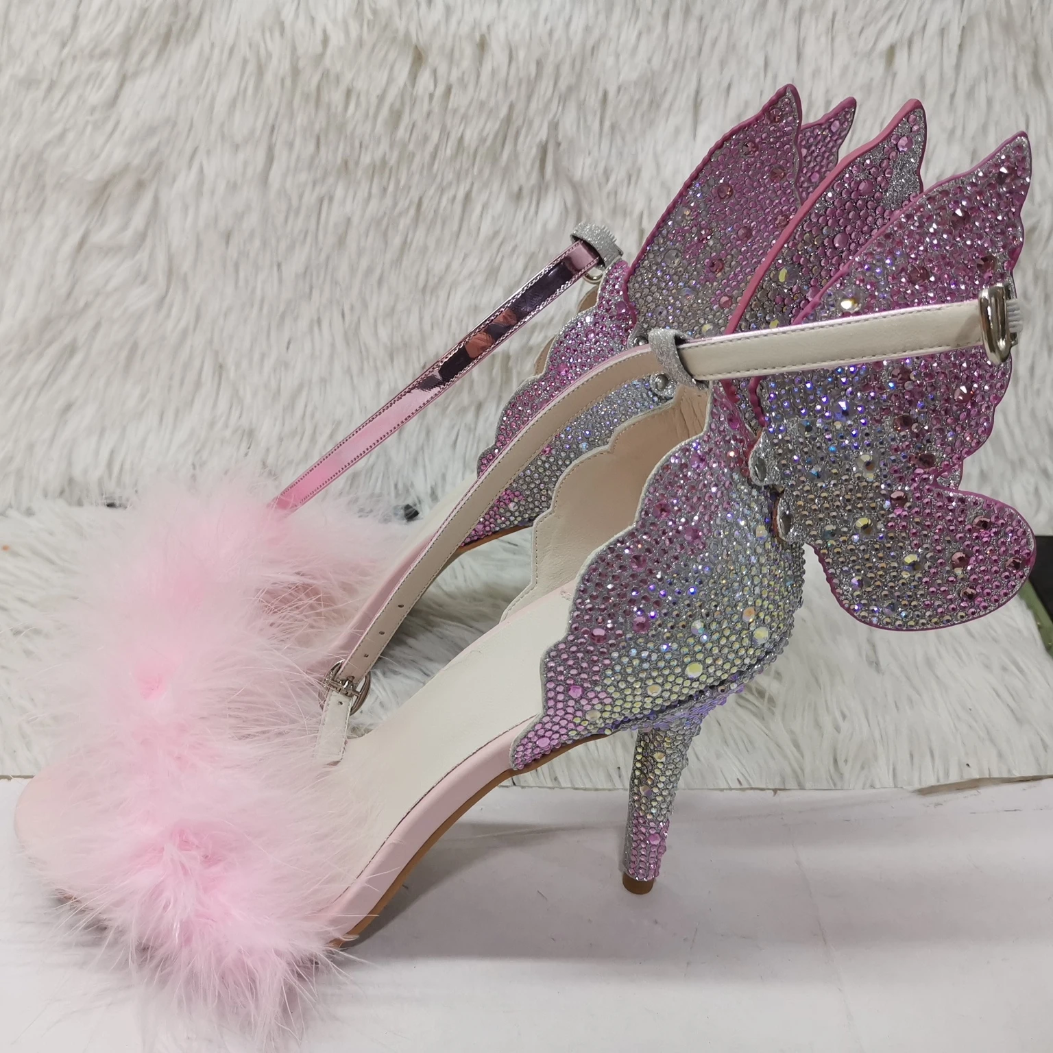 High Heels Rhinestone Pink Bling Fringe New Women Sandals Feather Crystal Butterfly Wings Hollow Design Round Toe Summer Shoes