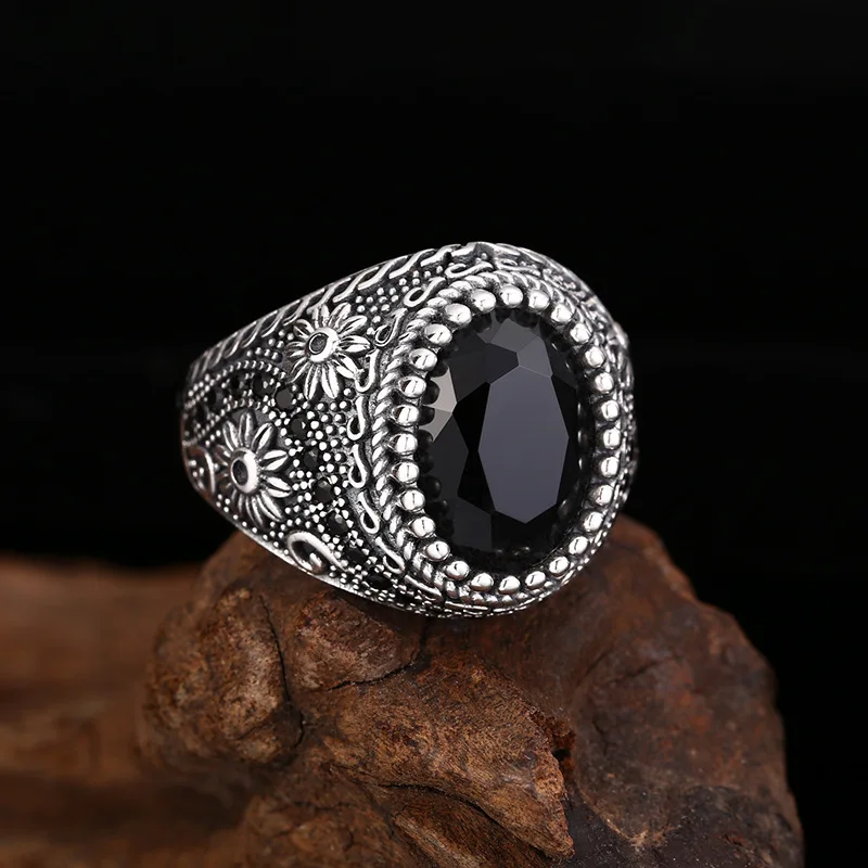 S925 Sterling Silver Black Zircon Adjustable Ring Punk Style Hip Hop Flower Old Process Free Size Fine Jewelry FYRNG102