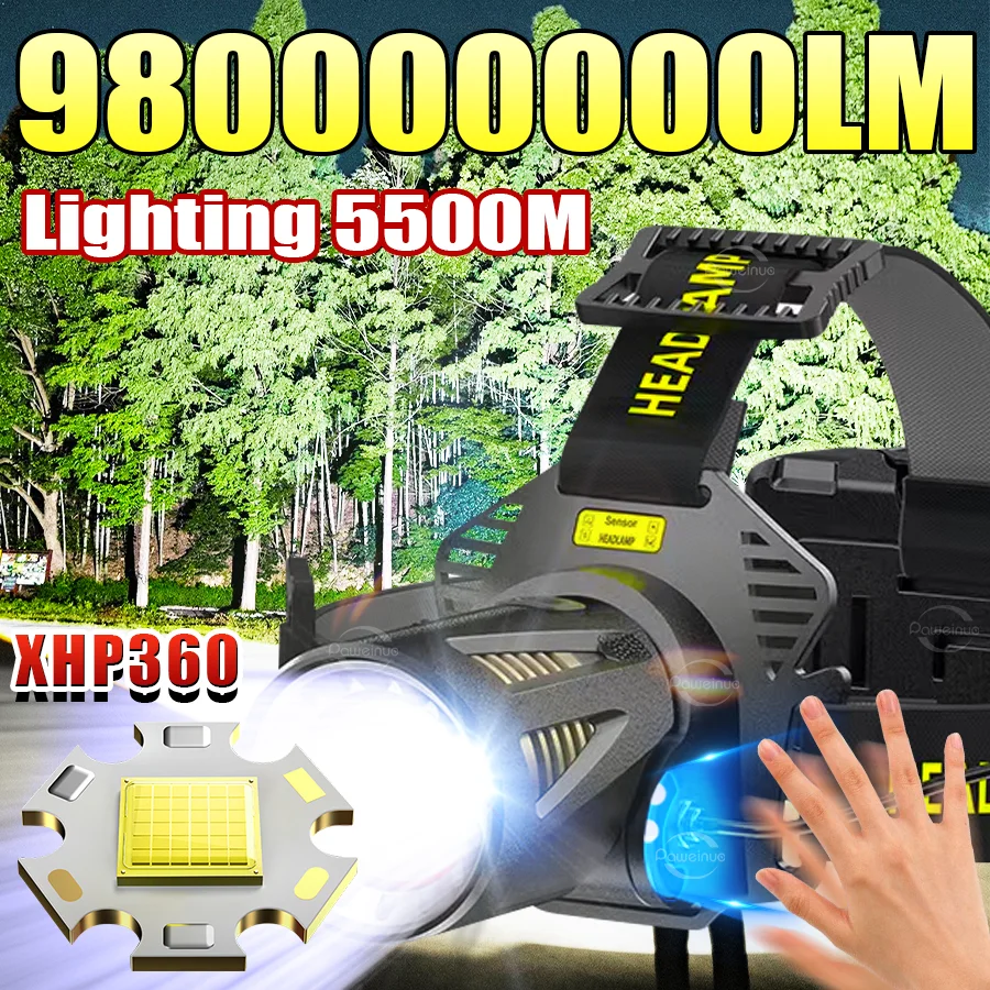 

Супер мощный светодиодный налобный фонарь XHP360 с ИК-датчиком, высокая мощность, дальность действия, 5500 м, налобный фонарик, перезаряжаемый фонарь для рыбалки, фонарь аккумуляторный, налобный фонарь 3*18650
