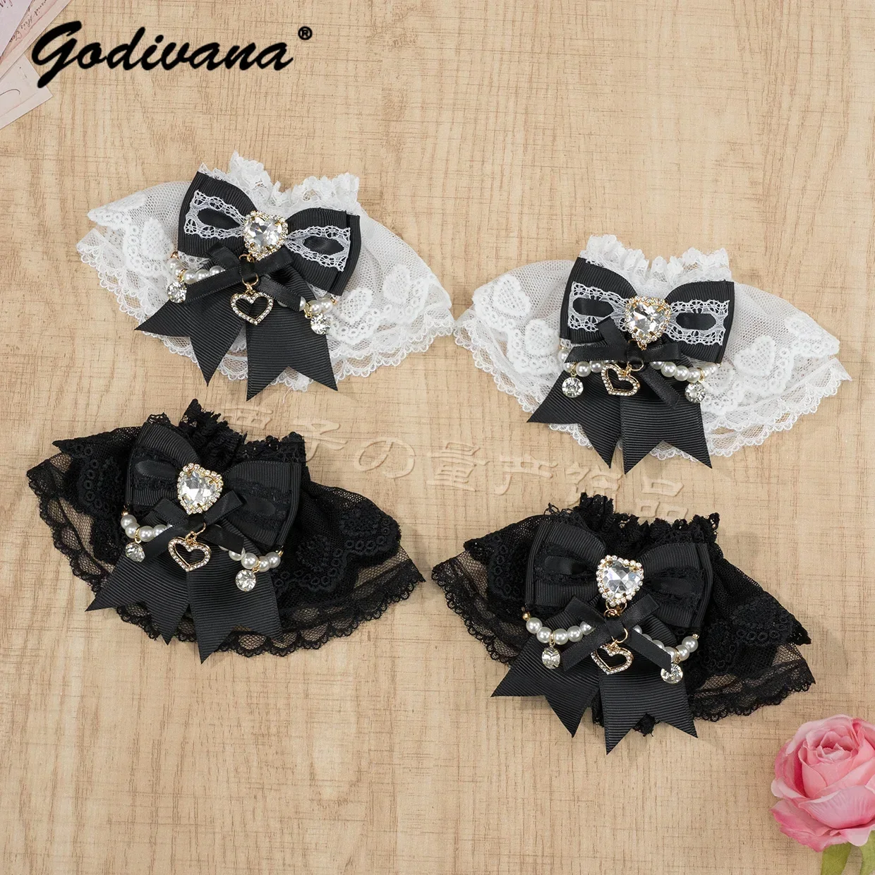 Japanese Mine Series Handmade Sweet Lace Pearl Chain Bow Hand Sleeve Lolita Accessory Girls Sweet Lace Oversleeve