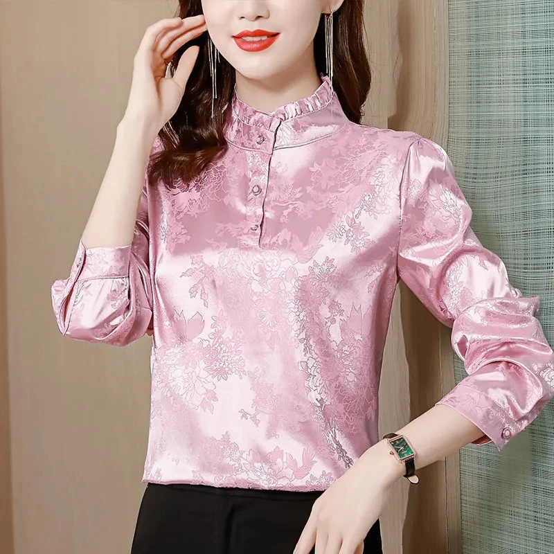 Women Spring High End Satin Pullover Long Sleeved Shirt Jacket Female Fashion Loose Stand-up Collar Long Sleeved Cardigan Blouse