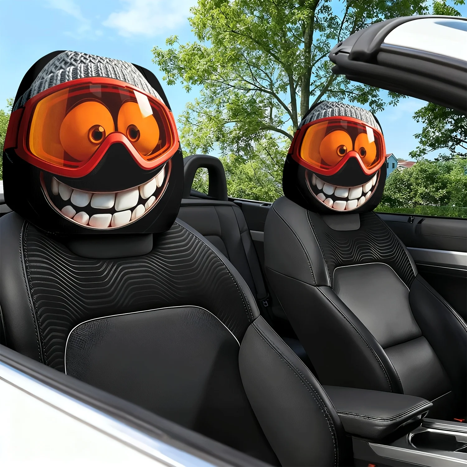 The Winter-Themed Printed Patterns of 2pcs Red-Orange Goggles And Knitted Hats for Car Seat Cushions, Headrests, And Neck Pill