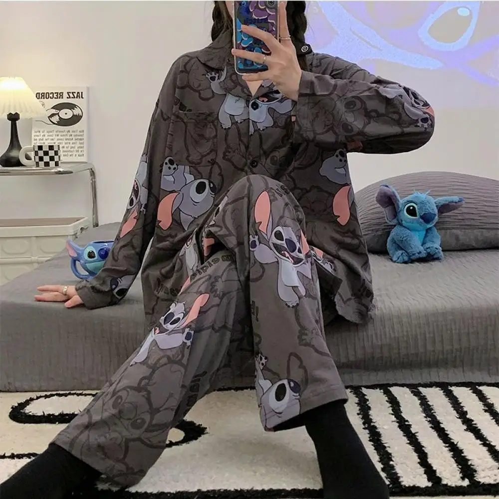 Kawaii Stitch Cartoon Printed Women Pajamas Set Comfort Viscose Full Sleeve Homewear Ladies Tender Casual Wear for Spring