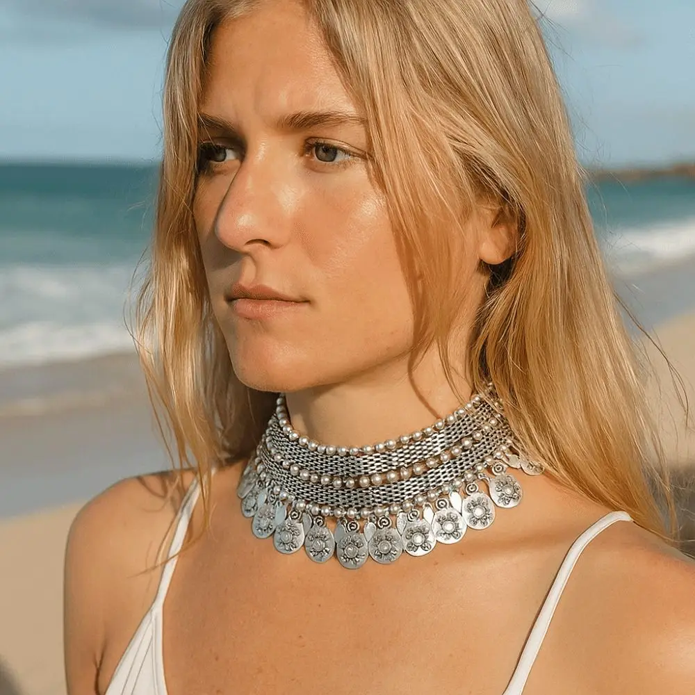 Silver Color Vintage Necklaces Geometric Shape Alloy Boho Necklaces Coin Pendant Tassel Design Turkish Necklaces Gypsy Fashion