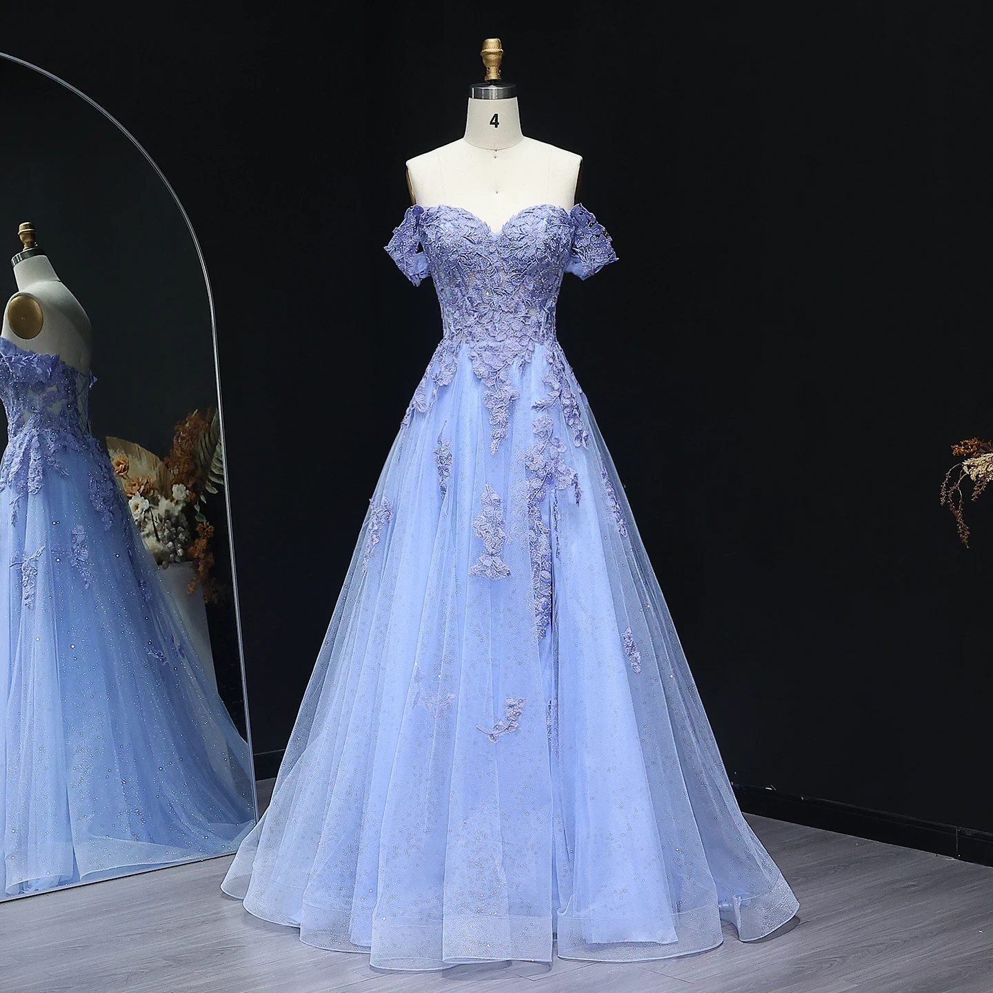 

Sharon Said Elegant Light Blue Tulle A-Line Prom Dress Long 2025 Off Shoulder Sweetheart Lace-up Evening Gowns SH222 Customized