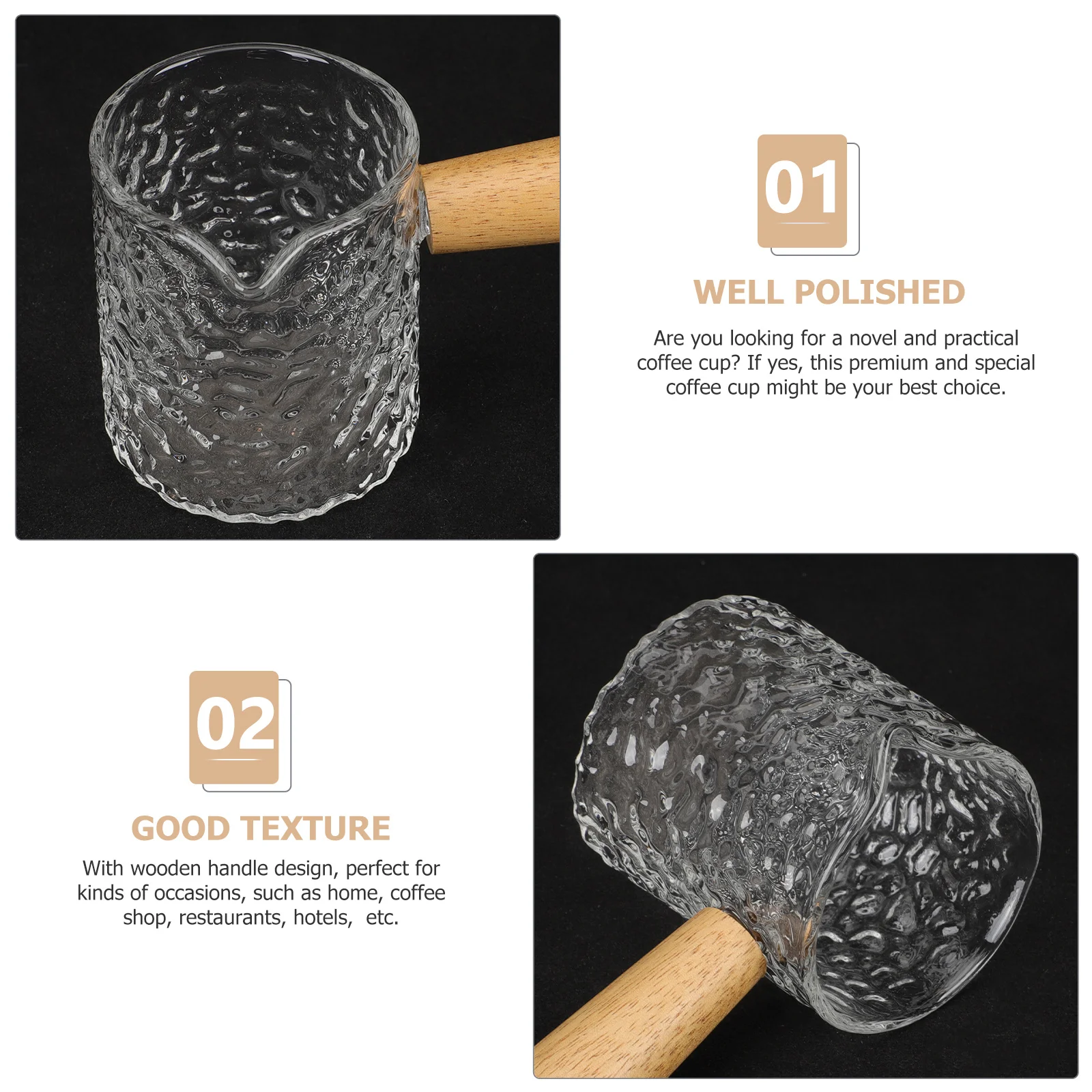 

Hammered Coffee Cup Premium Glass Milk Pitcher Creative Design Wooden Handle Multiuse Home Cafe Restaurant Bar Accessory