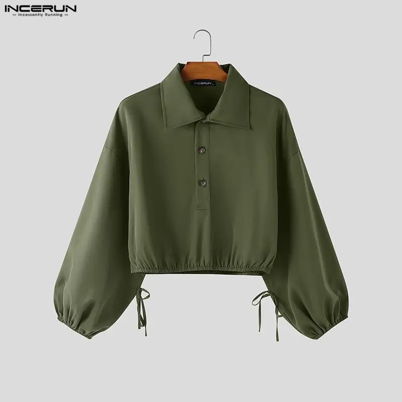 

INCERUN Мужская рубашка сплошной цвет с лацканами и длинным рукавом на шнуровке повседневные укороченные топы мужская уличная одежда свободные индивидуальные модные майки S-5XL