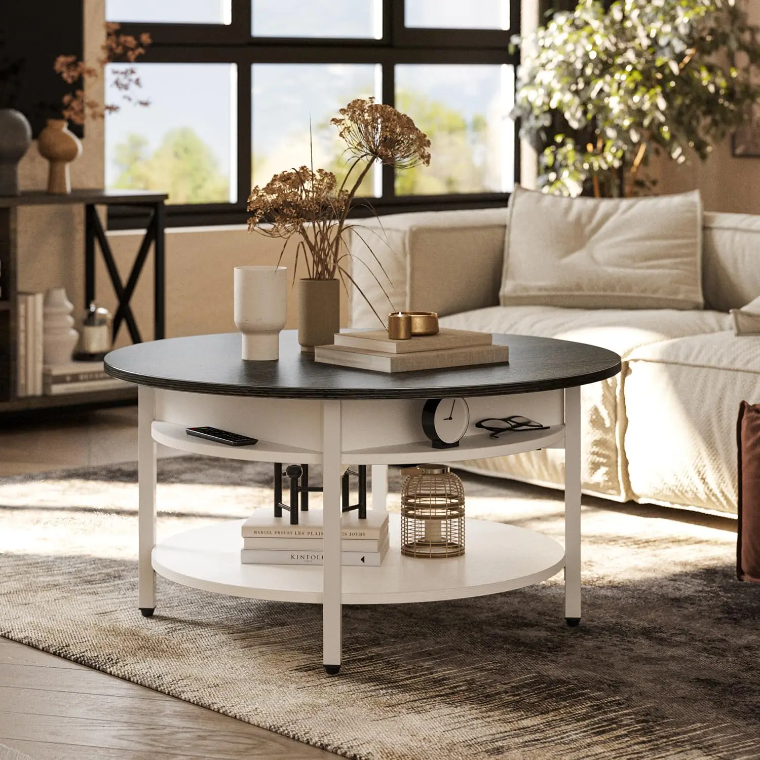 Round Lift Top Coffee Table with Storage, White, 26.77in, Customized