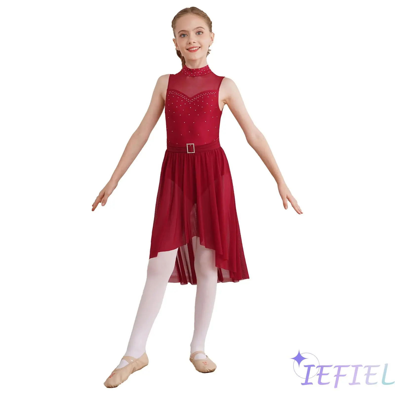 Kids Girls Sequin Ballet Latin Jazz Lyrical Modern Contemporary Dance Dress Back Hollow Ballroom Dancewear with Built-in Briefs