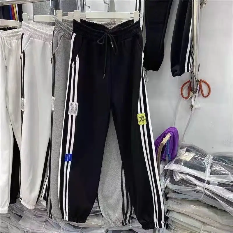 New Casual Women's 2024 Autumn Patchwork Striped Ankle Elasticized High-waisted Pocket Loose Versatile Sports Harun Pants