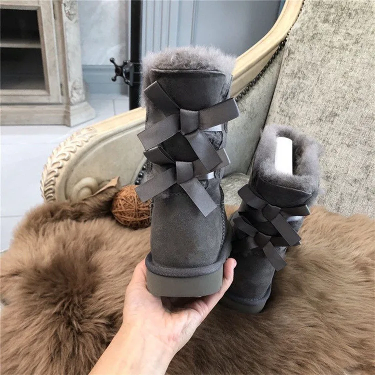 HQF UG Top Quality Real Sheep Fur Snow Boots 2-BOW Back Wool Lined Flat Short Women Winter Outdoor Shoes Waterproof Size44 45