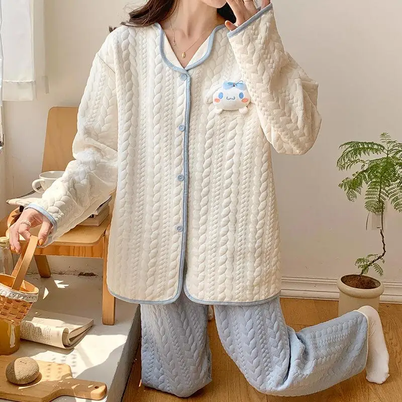 

Sanrio Cinnamoroll пижамы для молодых девушек Kawaii мультфильм студенческие зимние утепленные длинные рукава длинные штаны свободный комплект домашней одежды новый стиль