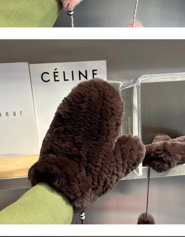 Women's Winter Real Rex Rabbit Fur Gloves Warm Thick Ladies Fur Mittens Elastic Girls Ski Glove Mitts Elastic Soft With String