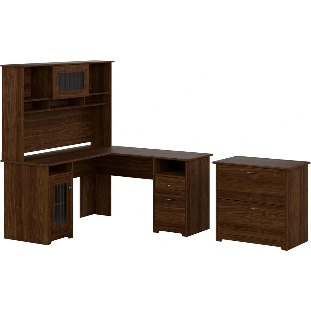 

Modern Walnut 60W L-Shaped Desk with Hutch and File Cabinet
