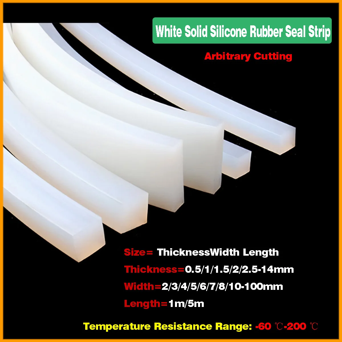 1M -5M White Solid Silicone Rubber Sealing Strip Weatherstrip Square Rectangle High Temperature Resistant Thickness=0.5/1/2-14mm