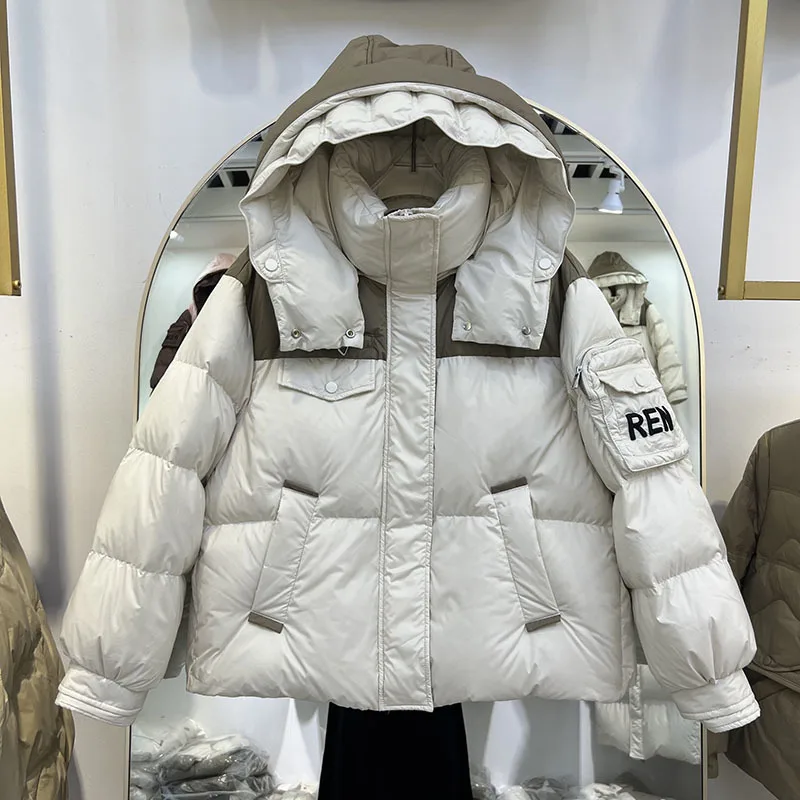 

Outerwear Winter Warm Hooded Short color matching Women Down Jacket New 90% White duck down Loose camouflage Women's Puffer Coat