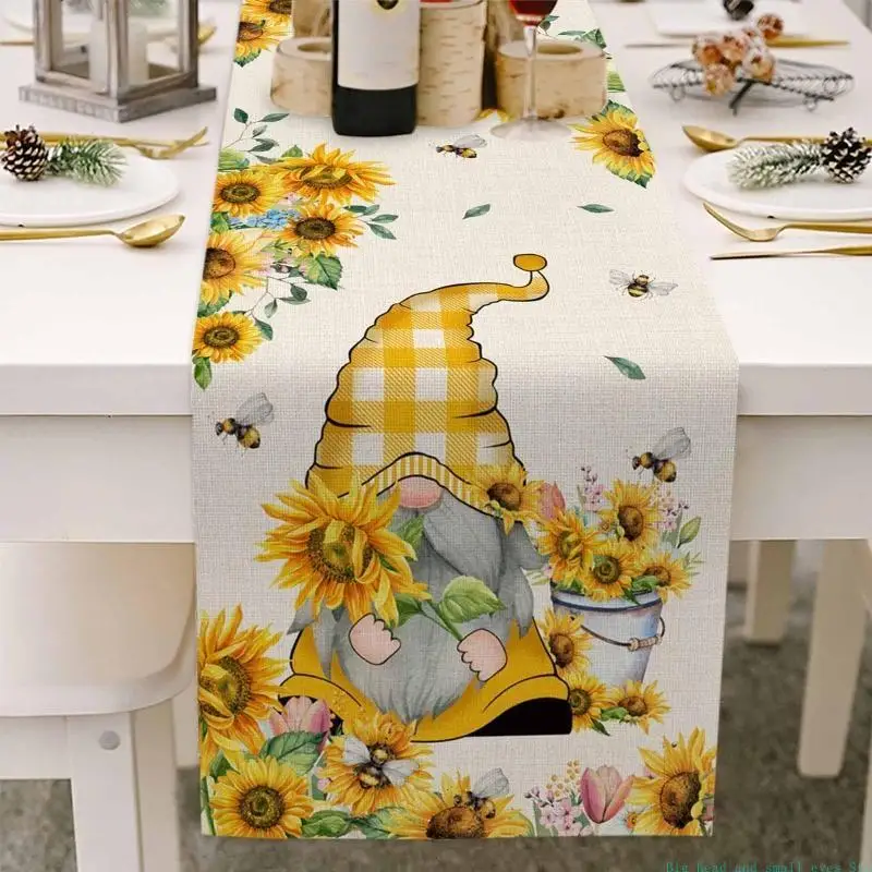 581C Gnome Cotton Linen Table Runner Table Cloth Desktop Decor for Spring Easter Farmhouse Kitchen Dining Tabletop