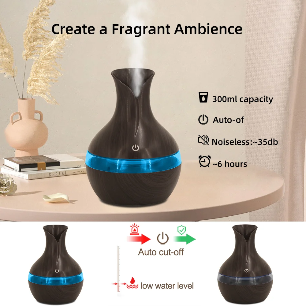 300ml 2-in-1 Humidifier & Essential Oil Diffuser – Ultrasonic Quiet Mist with Auto Shut-Off&7-Color Night Light for Home/Office