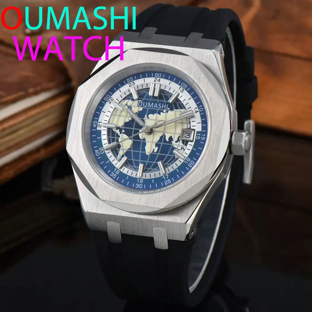 OUMASHI 42mm Miyota8215 Watch Globe Luxury Men\'s Date Glow Watch Sapphire Glass Waterproof 100 meter Rubber Band and Steel Band