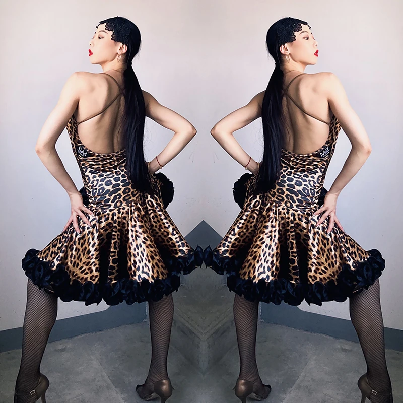 Luipaardprint Dansjurk Volwassen Mouwloos Open Rug Sexy Jurken Vrouwen Rumba Cha Cha Prestaties Outfit Latin Stadium Slijtage 1770