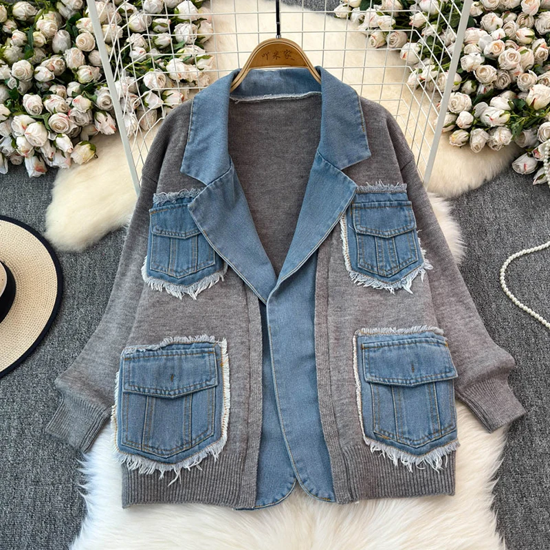 EWQ Denim Patchwork Knitted Sweater For Women 2024 Autumn New Fashion Long Sleeve Loose Pocket Design Casual Clothing 27X1120