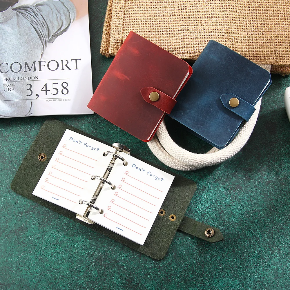 Jurnal Kulit Mini Baru, 2 Buah Binder Notebook Isi Ulang 3 Ring, Planner Loose Leaf untuk Bisnis, Kantor, Belajar, Menulis dengan Kancing