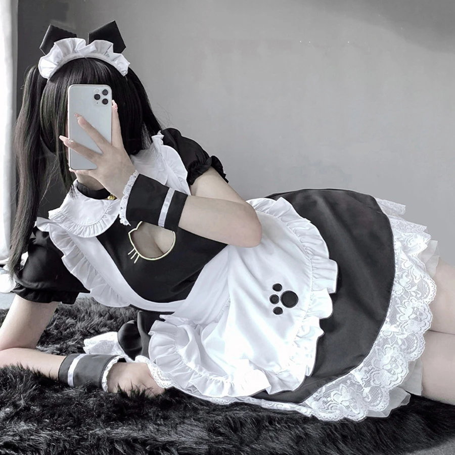 Seksowna czarna kotka dziewczyna pokojówka sukienka słodkie sukienka Lolita Kawayi kotka kostiumy Cosplay kobiety przebranie imprezowe stroje pokojówki