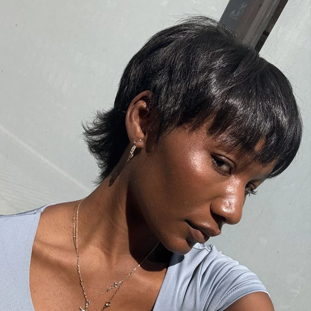 Короткие парики боб из натуральных волос с челкой Натуральный черный короткий парик Короткие многослойные парики Полностью машинного производства для чернокожих женщин