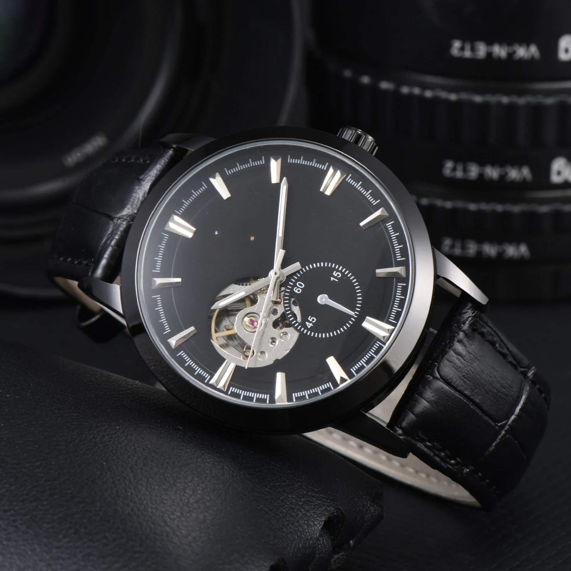 Stylish Cool Men's Business Rose Gold Watch, Brown Leather Strap, Transparent Case Back, Men's Automatic Mechanical Watch