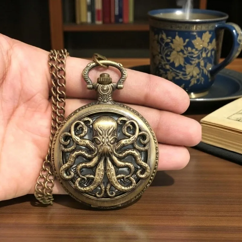 Montre de poche rétro en bronze en forme de pieuvre, collier vintage steampunk, montre à quartz, cadeau pour lui