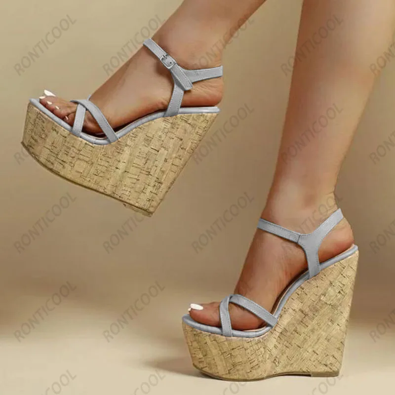 Ronticool Handmade Women Summer Sandals Cork Wedges Heels Round Toe Beautiful Party Shoes Ladies US Plus Size 5-20