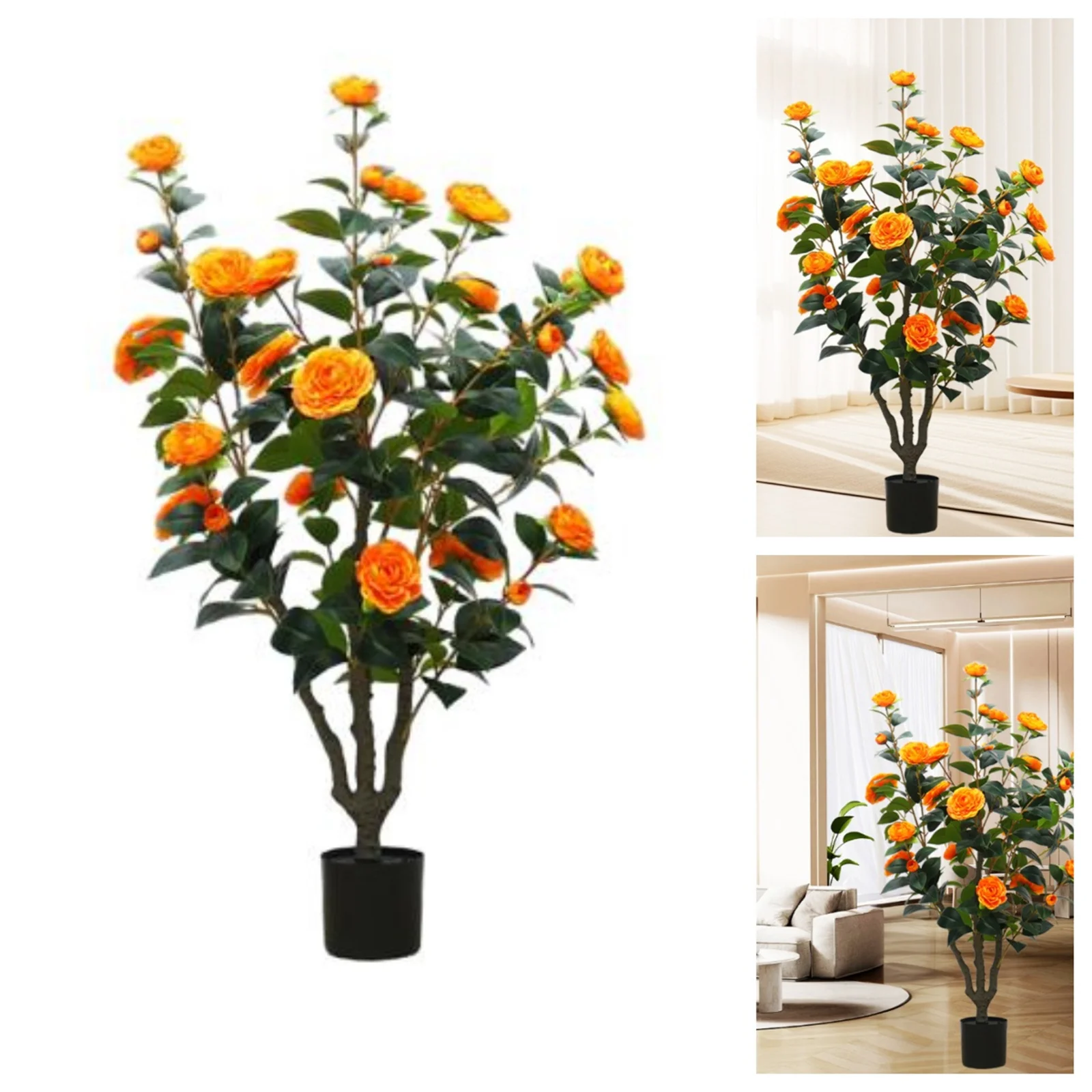 

3.28 Feet Camellia Artificial Plants With Planter,Realistic Faux Floral Plant Blooming Tree With 28 Flowers Floor Plants