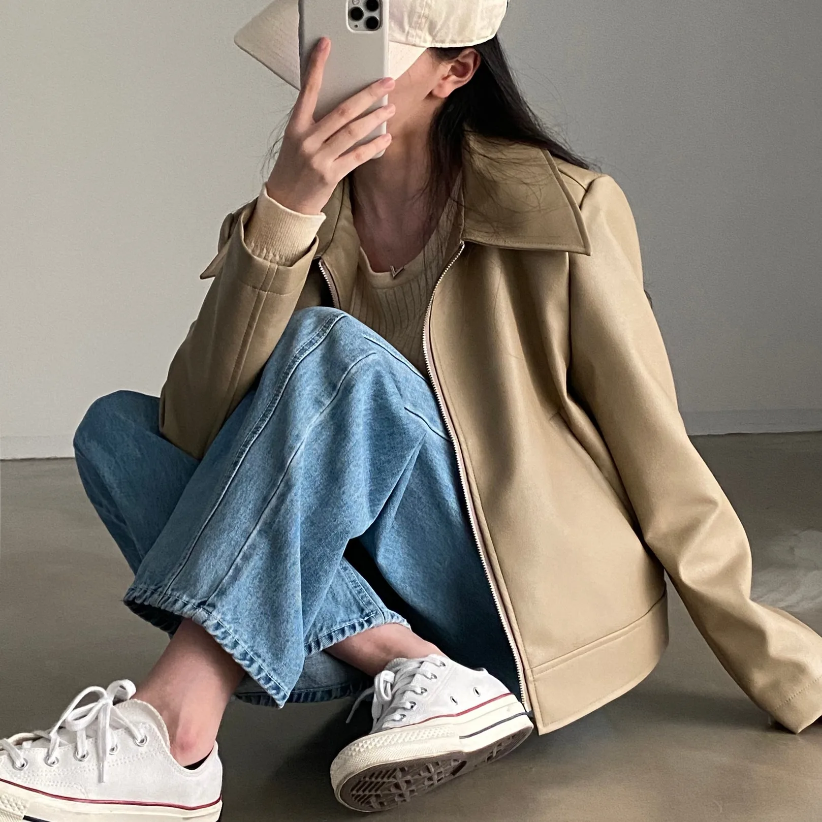 معطف Sli Biker Leather Jaet للسيدات كوري بسيط من Faion Cool Girl متعدد الاستخدامات للخريف والشتاء طويل بسحاب #5