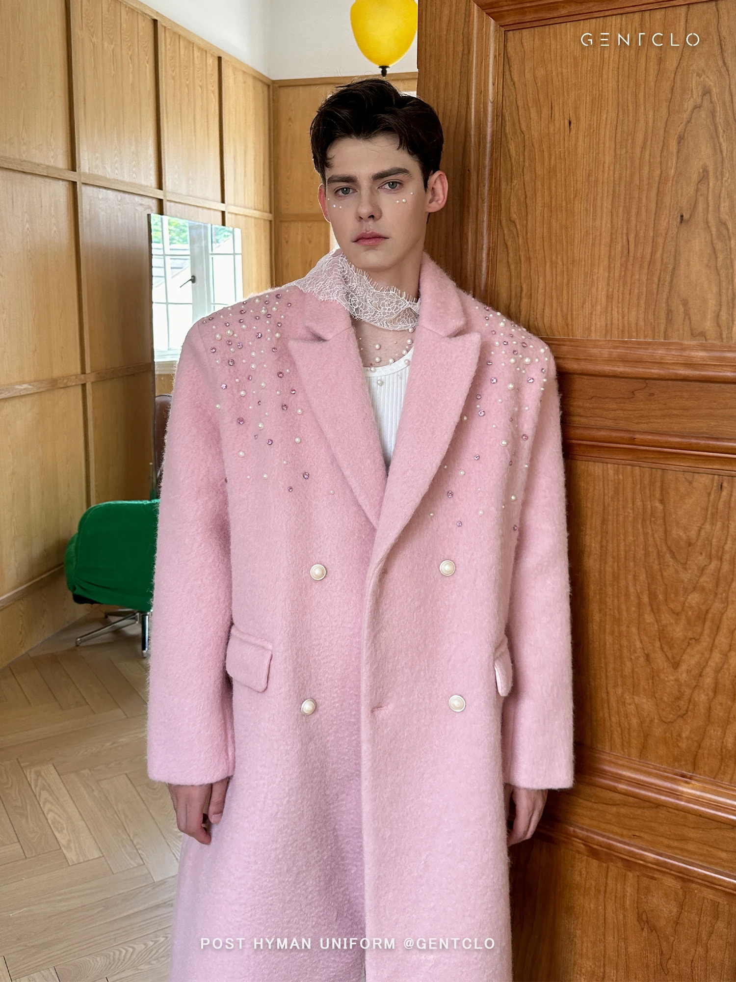 

Men's Long Pink Woolen Coat Beaded Design Fashion Trend Outerwear Elegant Casual Coat for Men