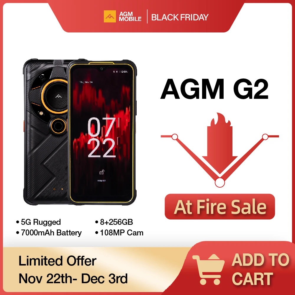 AGM G2 5G Rugged Smartphone: 8+256GB 108MP Camera 20MP Night Vision 120Hz FHD+ Display IP68/IP69K Waterproof 7000mAh Battery