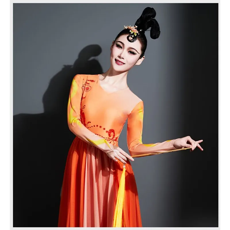 Long Orange Chinese Modern Dance Dress For Women Classic Opening Dance Performance Clothing