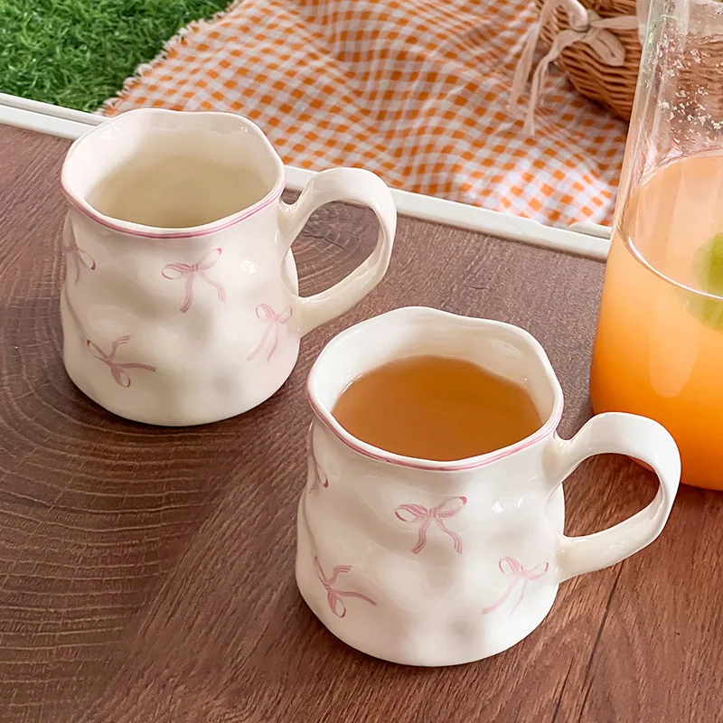 Bow Shaped Handmade Coffee Cup,Pink Ceramic Mug Large Capacity Water Cup,Girlish Style Home Milk Breakfast Drinkware As A Gift